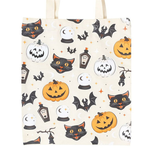 Spooky Cat and Pumpkin Print Polycotton Tote Bag